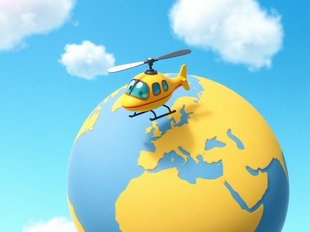 Cartoon helicopter flying over a curved globe