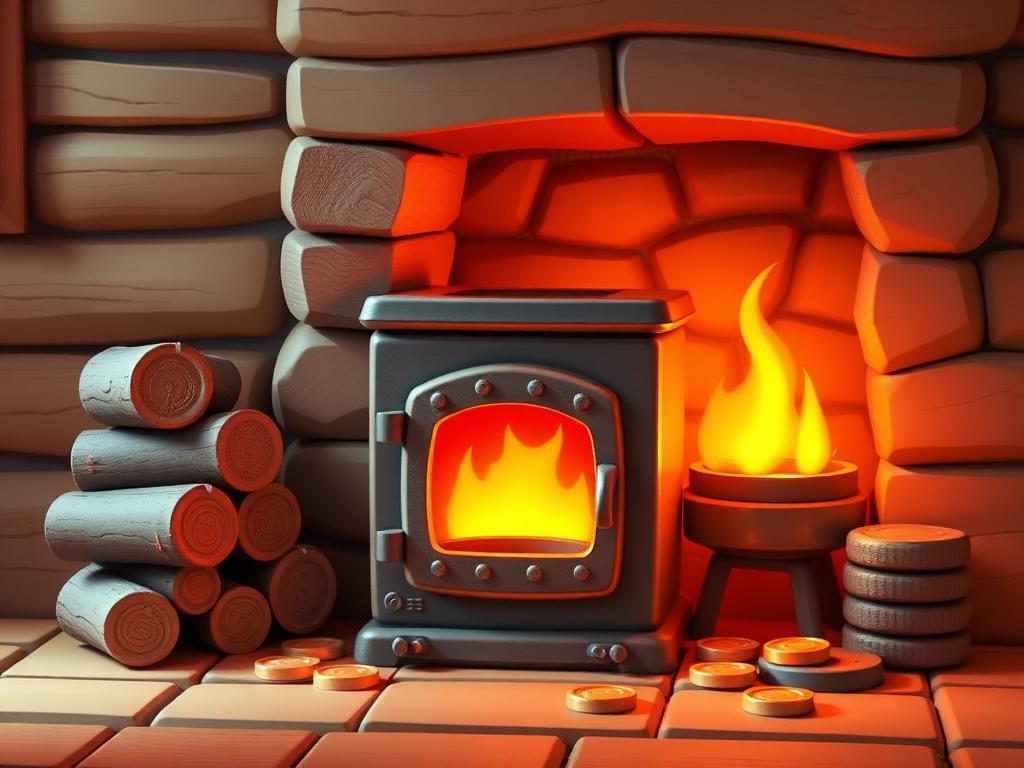 A glowing cottage stove with logs and copper coins