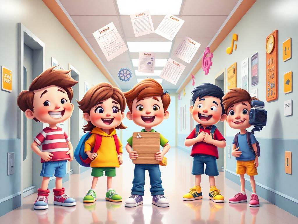Cartoon children representing the five school clubs